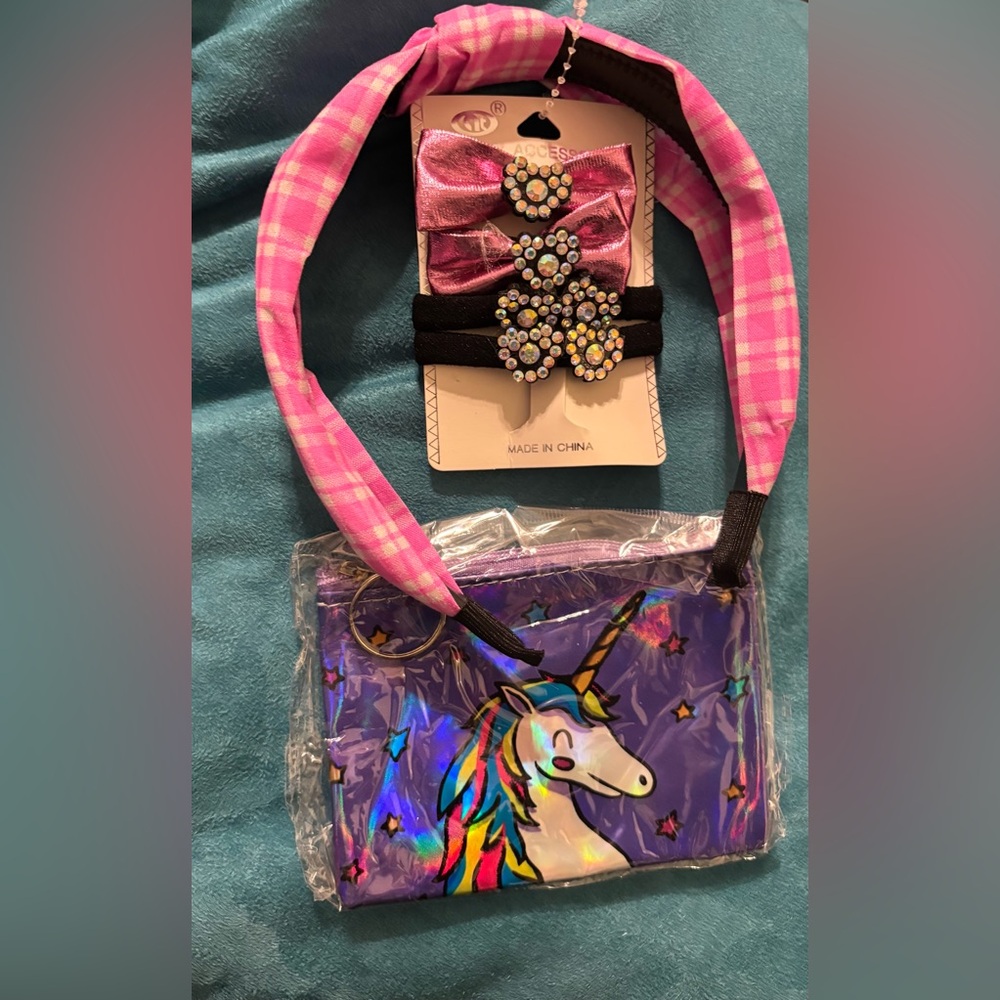 Pink and Purple Hair Accessories with Unicorn Purse